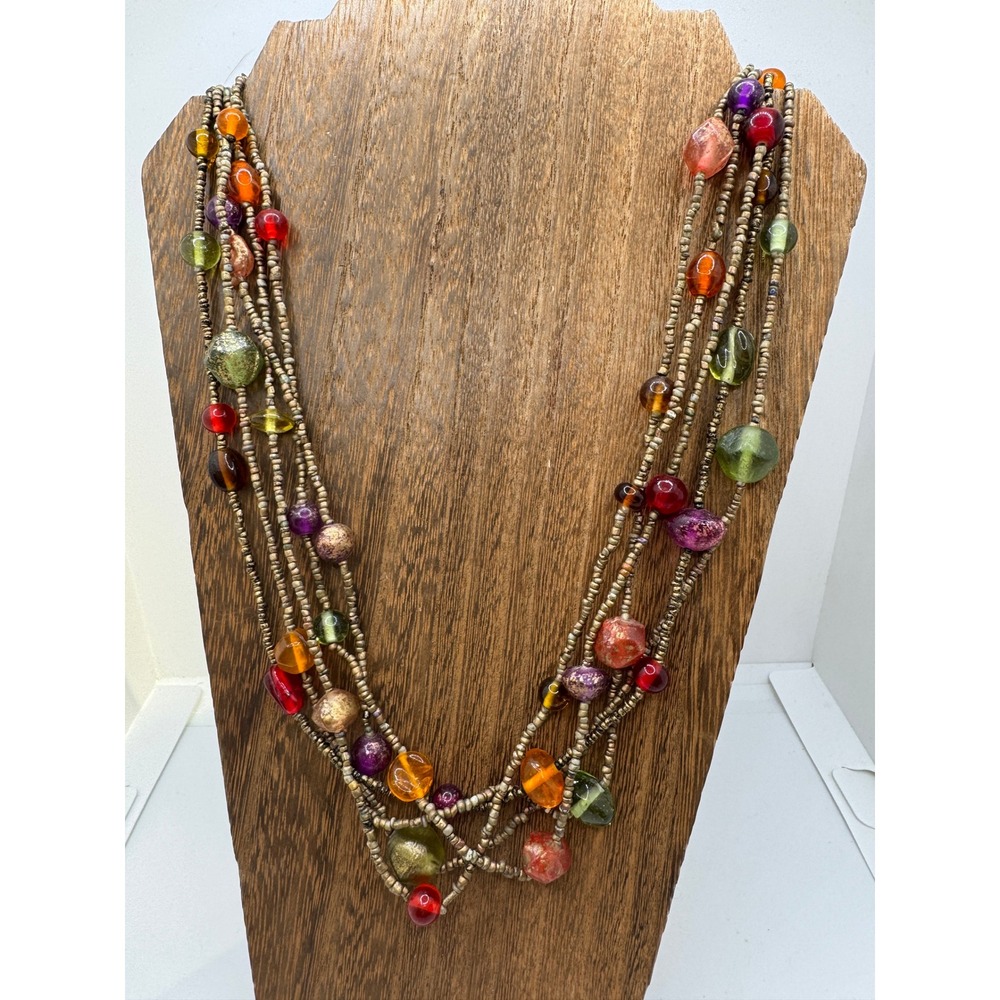 Vintage Boho Multi Strand Beaded Necklace Bronze Seed Glass Beads Artsy Boho